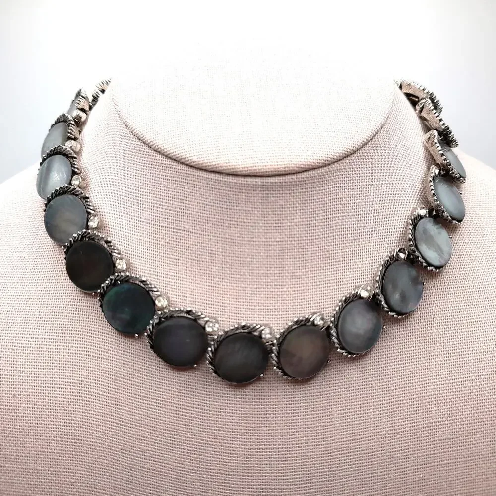 Vintage Lisner Mother of Pearl Necklace Bracelet Set, 1960s Rhinestone Jewelry
